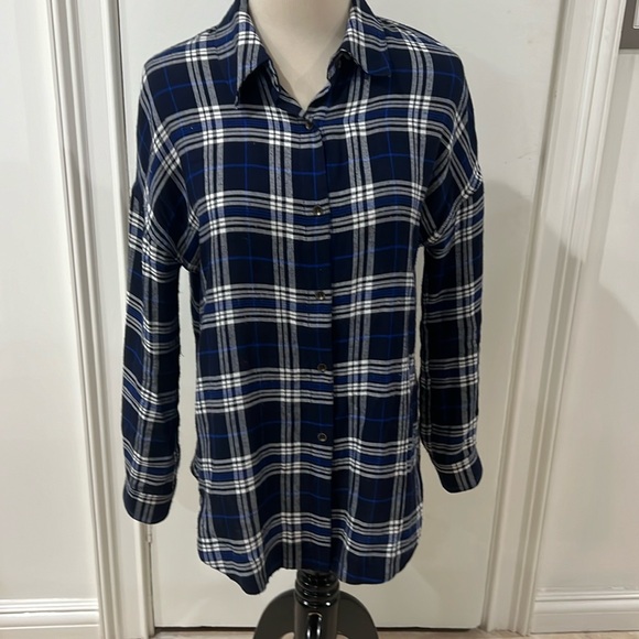 Audele Blue, Black & White Plaid Flannel Button Down. XS - Picture 1 of 8